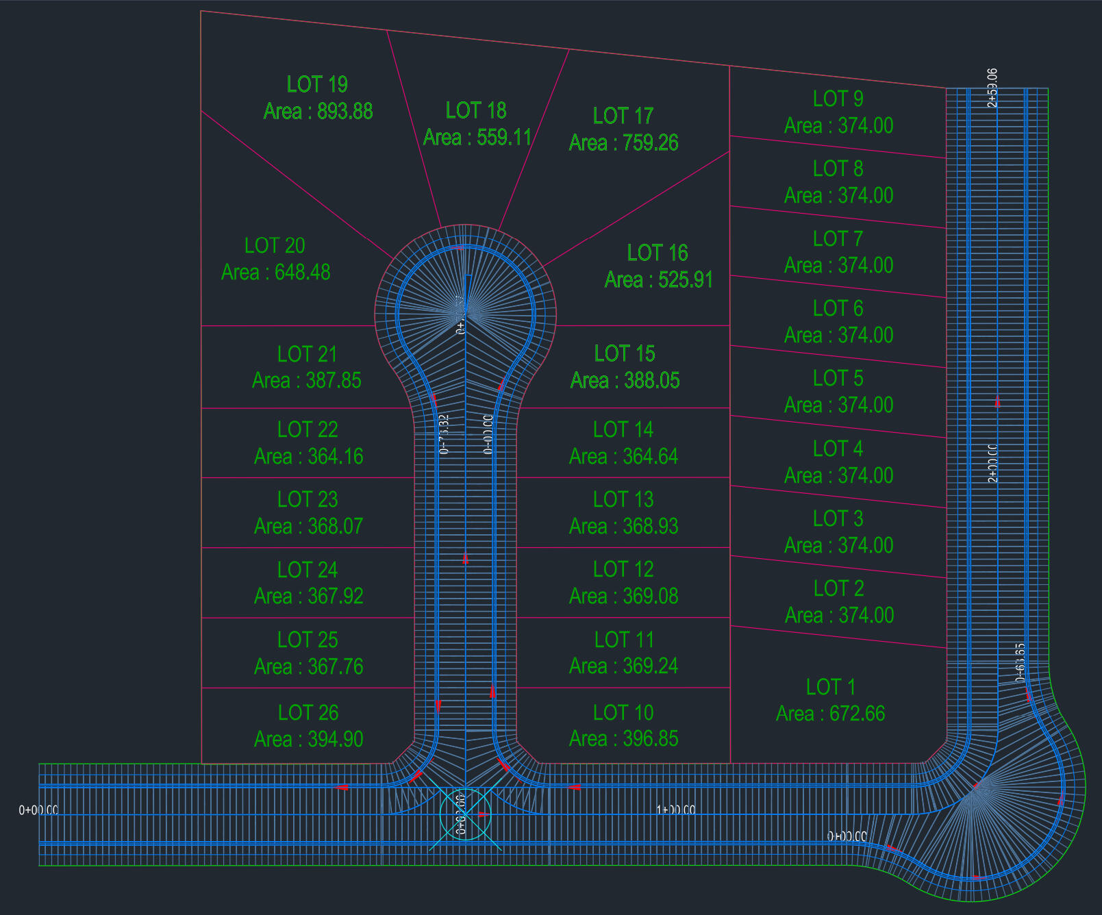Site Plan (Lots + Cul-de-sac layout) - Designed a residential site layout including roadway alignment and cul-de-sac geometry. Calculated parcel areas and organized lot configurations around roadway design.