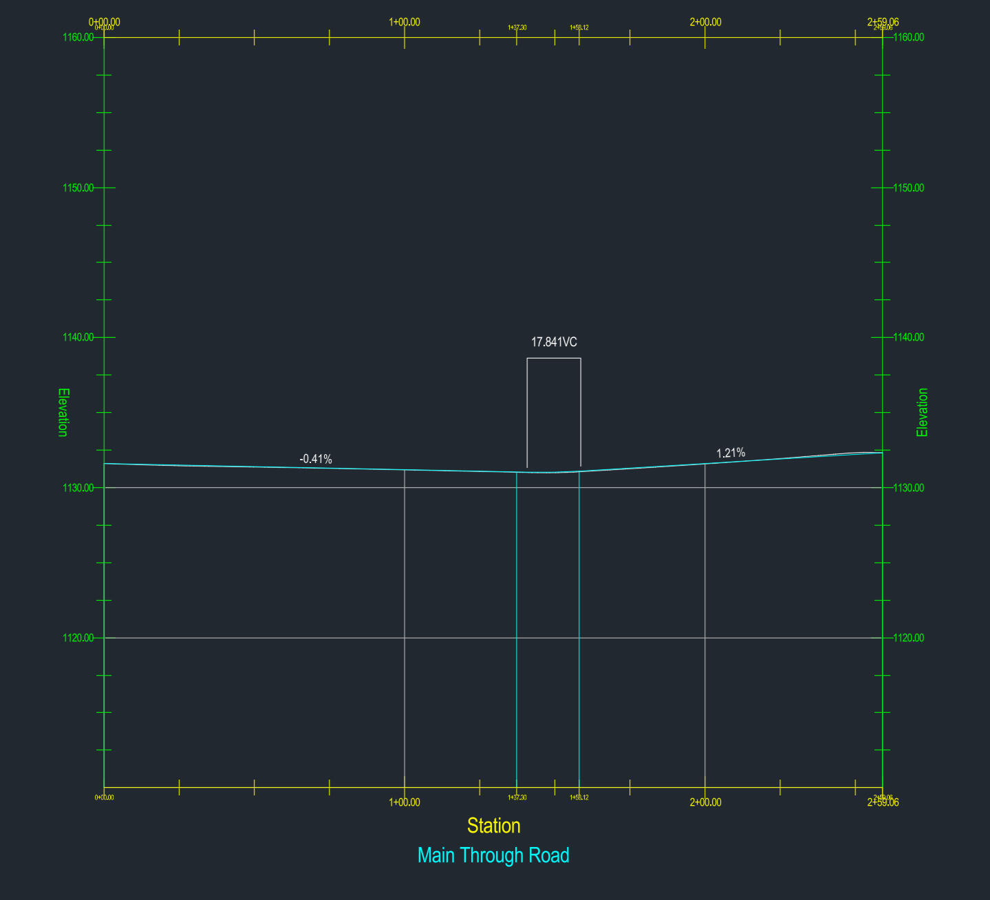 Main Road Profile - Created a detailed longitudinal profile for the main roadway, illustrating grade changes and vertical curve design.