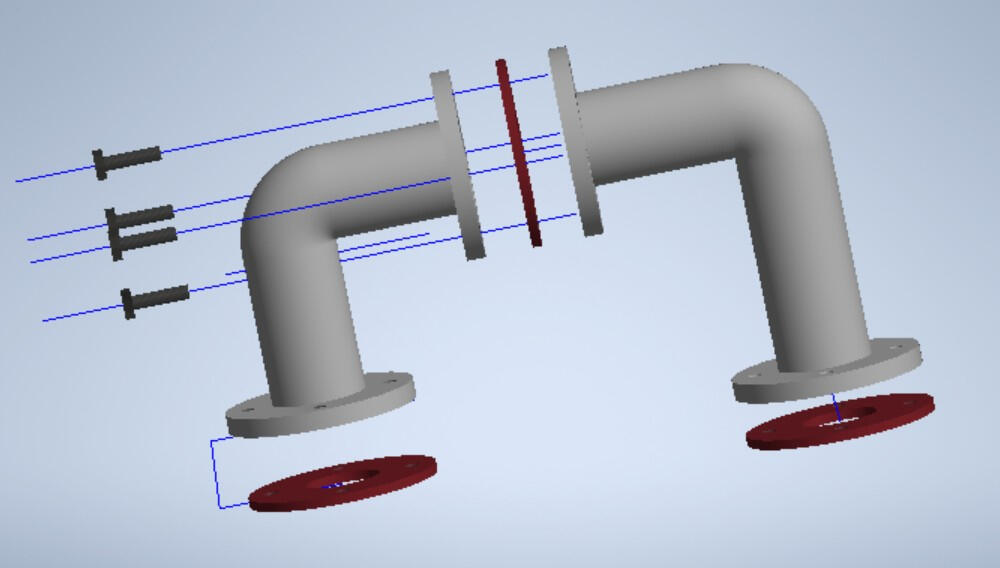 Exploded Assembly View - Flanged pipe connection showing hex bolts, gasket, and mating flanges. Demonstrates component relationships and assembly sequence.